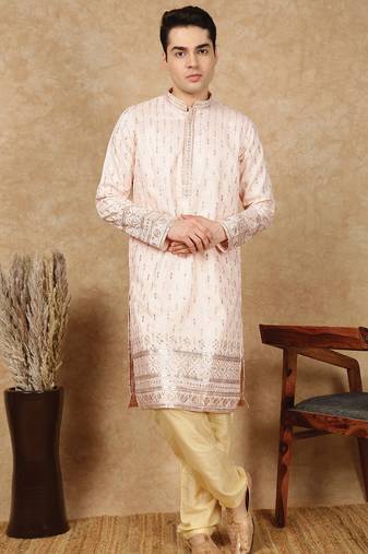 beige silk blend embroidred kurta pajama for mens