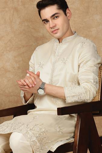 Beige silk blend embroidred kurta pajama for mens