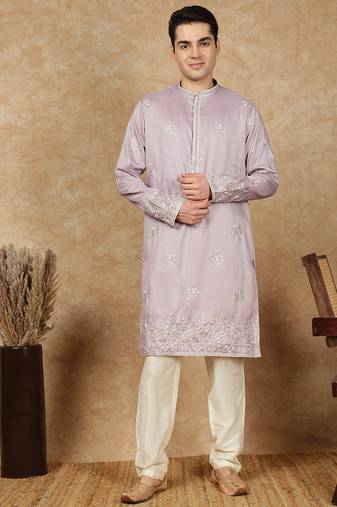 Mauve silk blend embroidred kurta pajama for mens