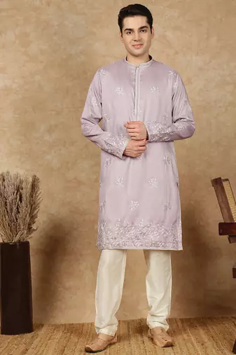 Mauve silk blend embroidred kurta pajama for mens