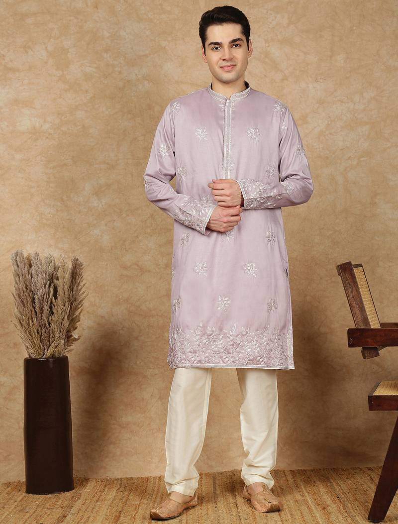 Mauve silk blend embroidred kurta pajama for mens