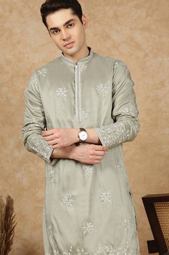 Steel green silk blend embroidred kurta pajama for mens