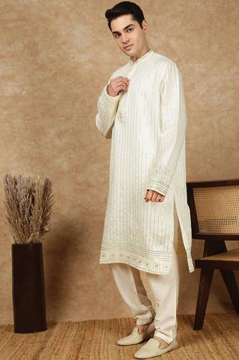 Cream silk blend embroidred kurta pajama for mens