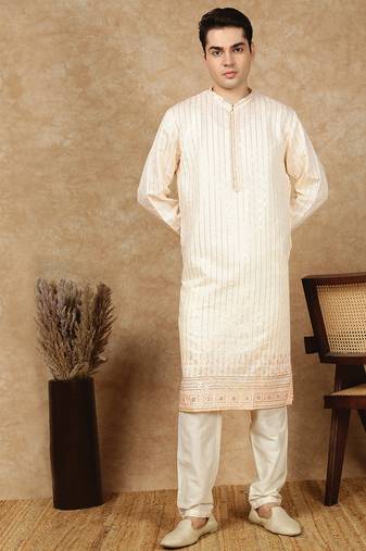 beige silk blend embroidred kurta pajama for mens