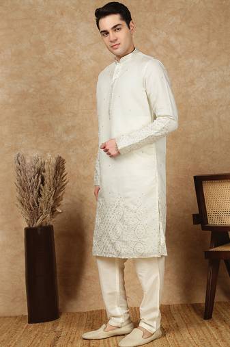 Cream silk blend embroidred kurta pajama for mens