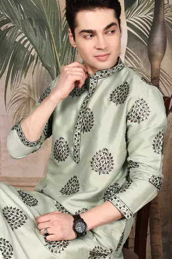 Green silk sequins kurta pajama for mens