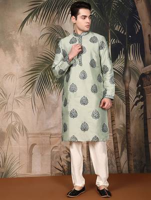 Green silk sequins kurta pajama for mens 1