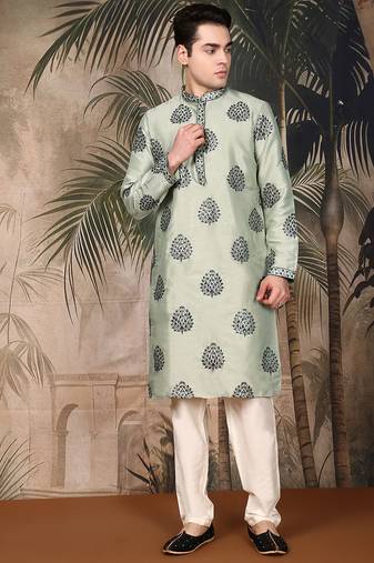 Green silk sequins kurta pajama for mens
