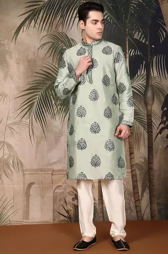 Green silk sequins kurta pajama for mens