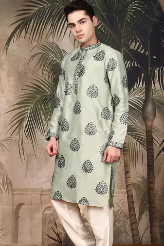 Green silk sequins kurta pajama for mens
