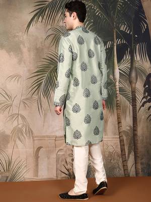 Green silk sequins kurta pajama for mens 4