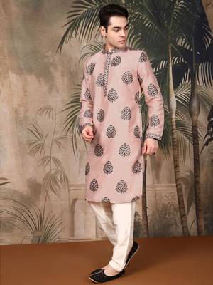 Peach silk sequins kurta pajama for mens 1