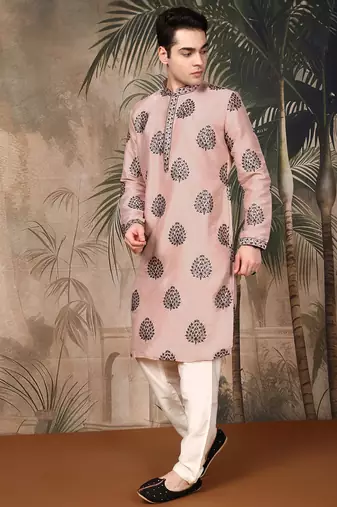 Peach silk sequins kurta pajama for mens