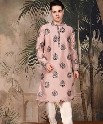 Peach silk sequins kurta pajama for mens 5