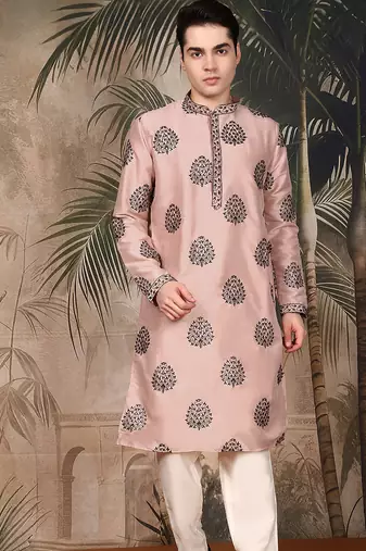 Peach silk sequins kurta pajama for mens