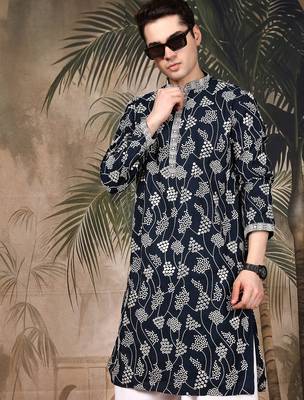 Deep blue silk embroidred kurta pajama for mens 2