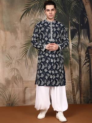 Deep blue silk embroidred kurta pajama for mens 1