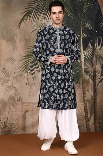 Deep blue silk embroidred kurta pajama for mens