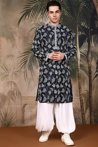 Deep blue silk embroidred kurta pajama for mens