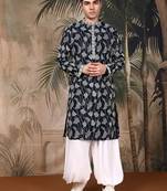 Deep blue silk embroidred kurta pajama for mens