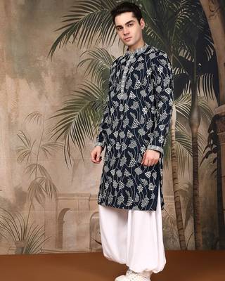 Deep blue silk embroidred kurta pajama for mens 3