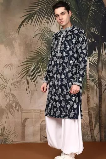 Deep blue silk embroidred kurta pajama for mens