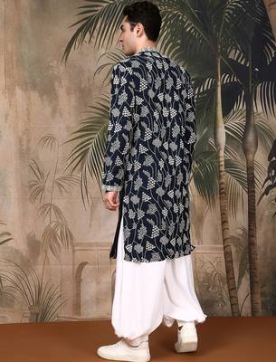 Deep blue silk embroidred kurta pajama for mens 4