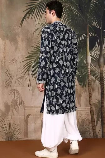 Deep blue silk embroidred kurta pajama for mens