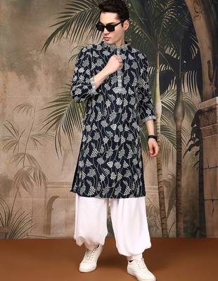 Deep blue silk embroidred kurta pajama for mens 5