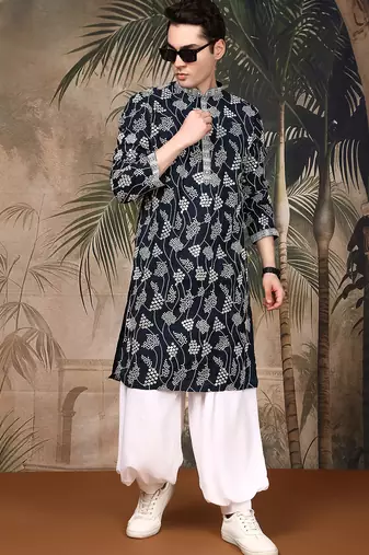Deep blue silk embroidred kurta pajama for mens