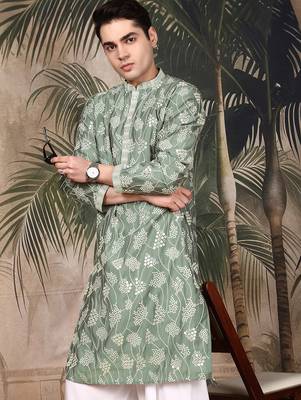 Green silk embroidred kurta pajama for mens 2