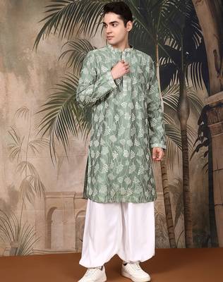 Green silk embroidred kurta pajama for mens 1