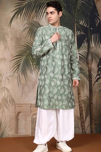 Green silk embroidred kurta pajama for mens