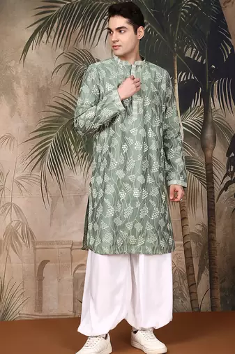 Green silk embroidred kurta pajama for mens
