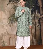 Green silk embroidred kurta pajama for mens