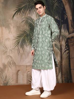 Green silk embroidred kurta pajama for mens 3