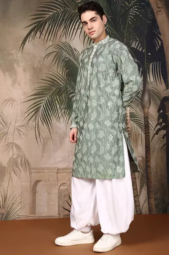 Green silk embroidred kurta pajama for mens
