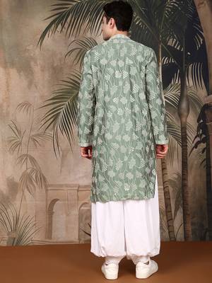 Green silk embroidred kurta pajama for mens 4