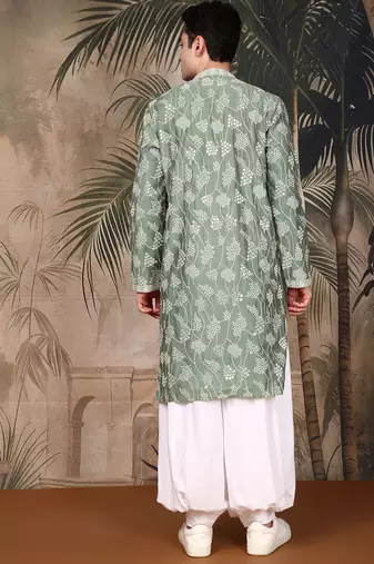Green silk embroidred kurta pajama for mens