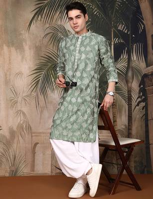 Green silk embroidred kurta pajama for mens 5