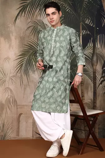 Green silk embroidred kurta pajama for mens