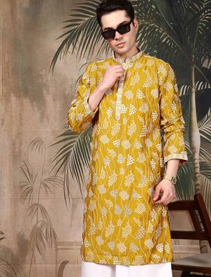 Mustard silk embroidred kurta pajama for mens 2