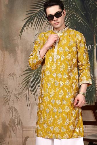 Mustard silk embroidred kurta pajama for mens