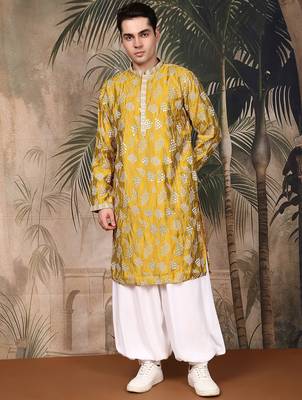 Mustard silk embroidred kurta pajama for mens 1
