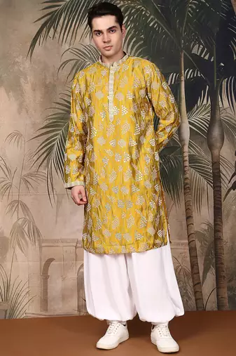 Mustard silk embroidred kurta pajama for mens