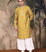 Mustard silk embroidred kurta pajama for mens
