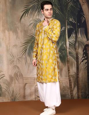 Mustard silk embroidred kurta pajama for mens 3