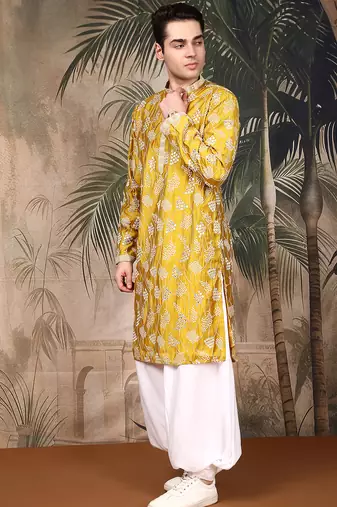 Mustard silk embroidred kurta pajama for mens