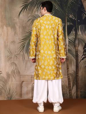 Mustard silk embroidred kurta pajama for mens 4