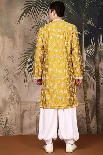 Mustard silk embroidred kurta pajama for mens